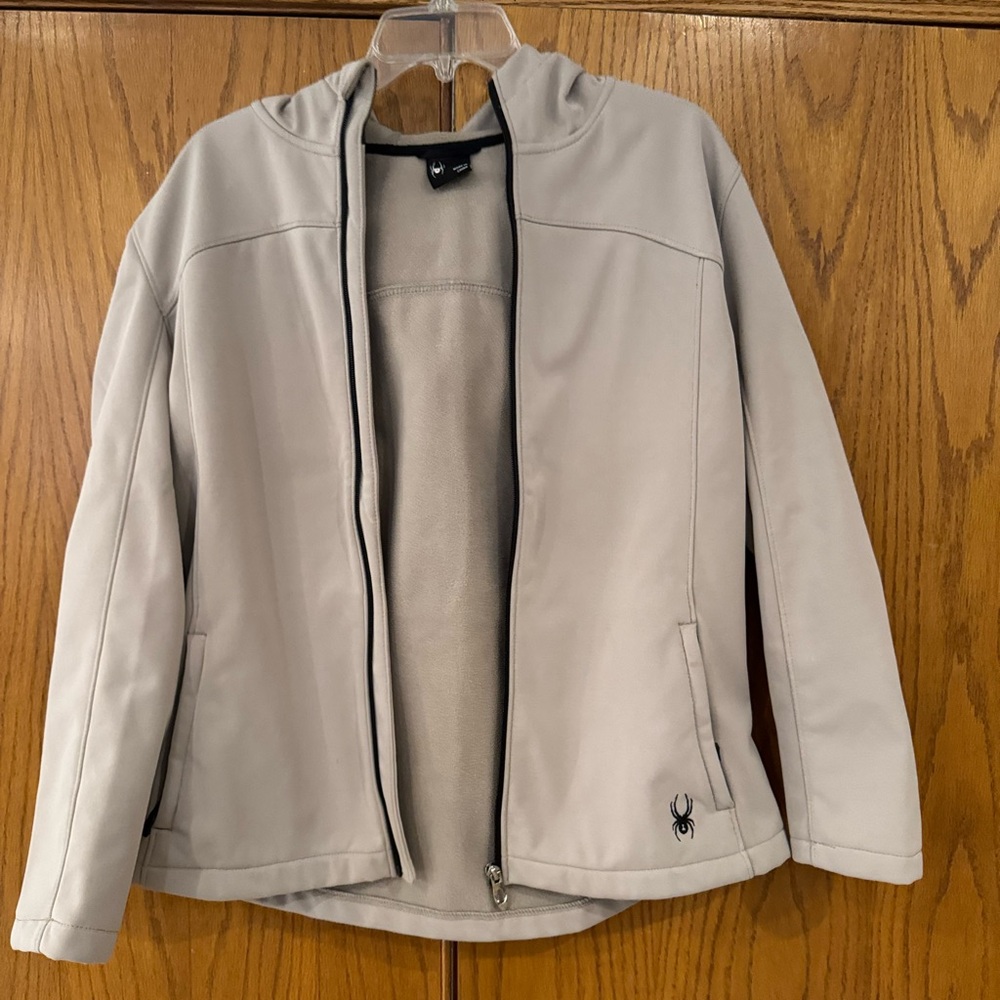 EUC Spyder Taupe Zip Up Hooded Jacket Coat Women's Size XL Pockets Neutral